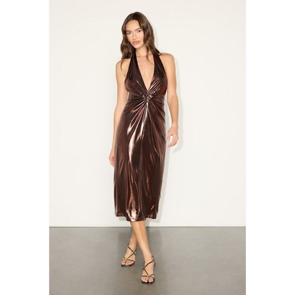 Lulus Lionette Dark Bronze Metallic Twist-front Midi Dress Brown - Size M